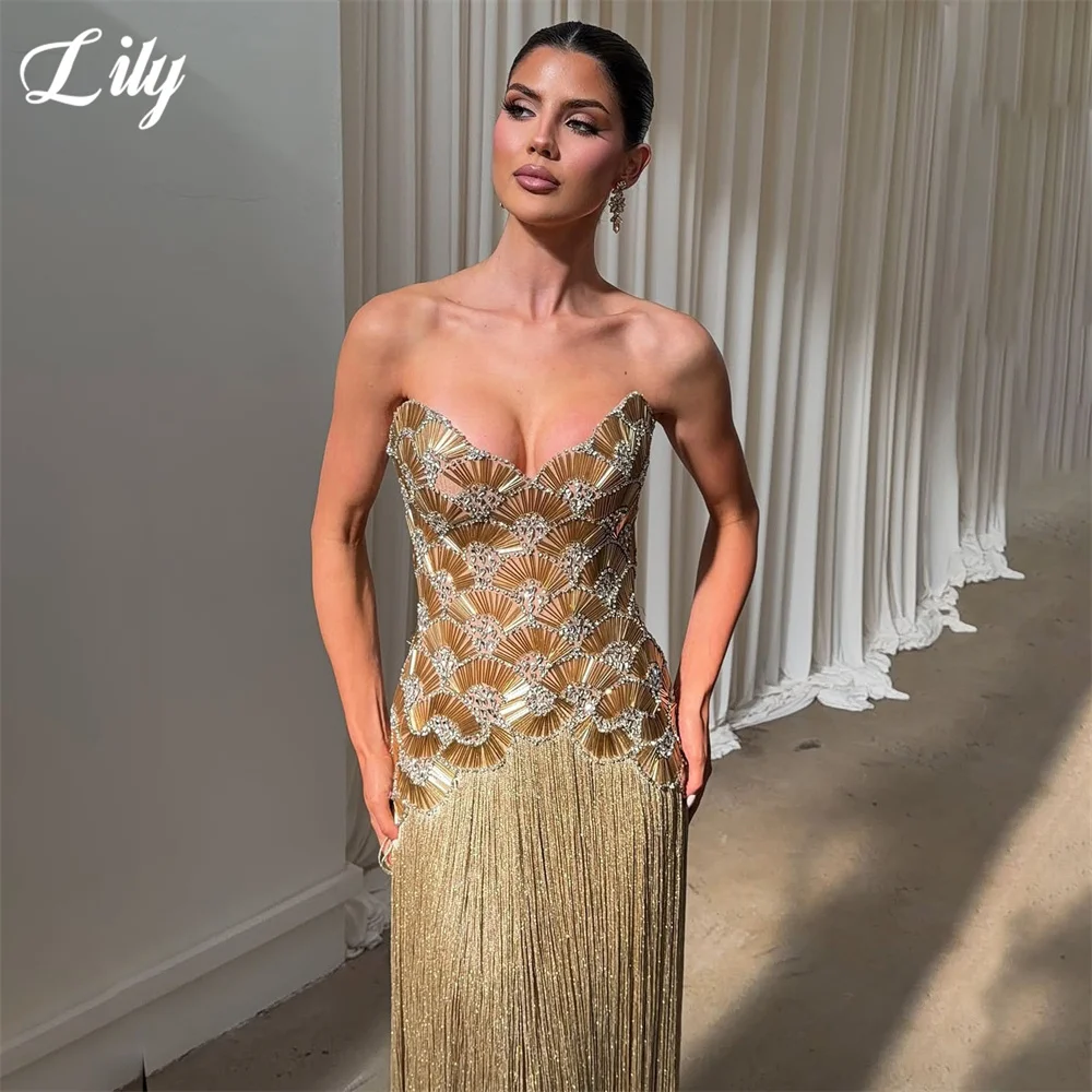 Lily Gold Evening Dress Sequin Crystal Mermaid Prom Dress Long Tassel Party Dress Sweetheart Celebrity Gala Dress Customized