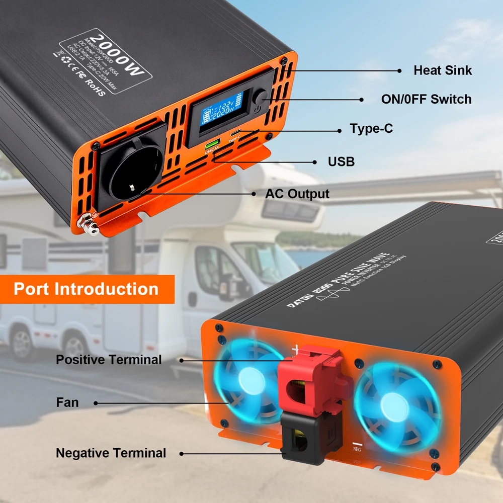 DATOUBOSS 2000W Wechselrichter DC 12V/24V/36V Reiner Sinus-Wechselstrom AC 220V Stromwandler für Zuhause, LKW und Auto mit USB Typ C LCD – Detail 5