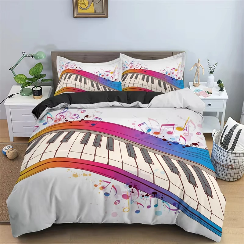 Musical Notes Duvet Cover Full Queen Hip Pop Classical Music Theme Comforter Cover Piano Key Keyboard Bedding Set For Boys Girls