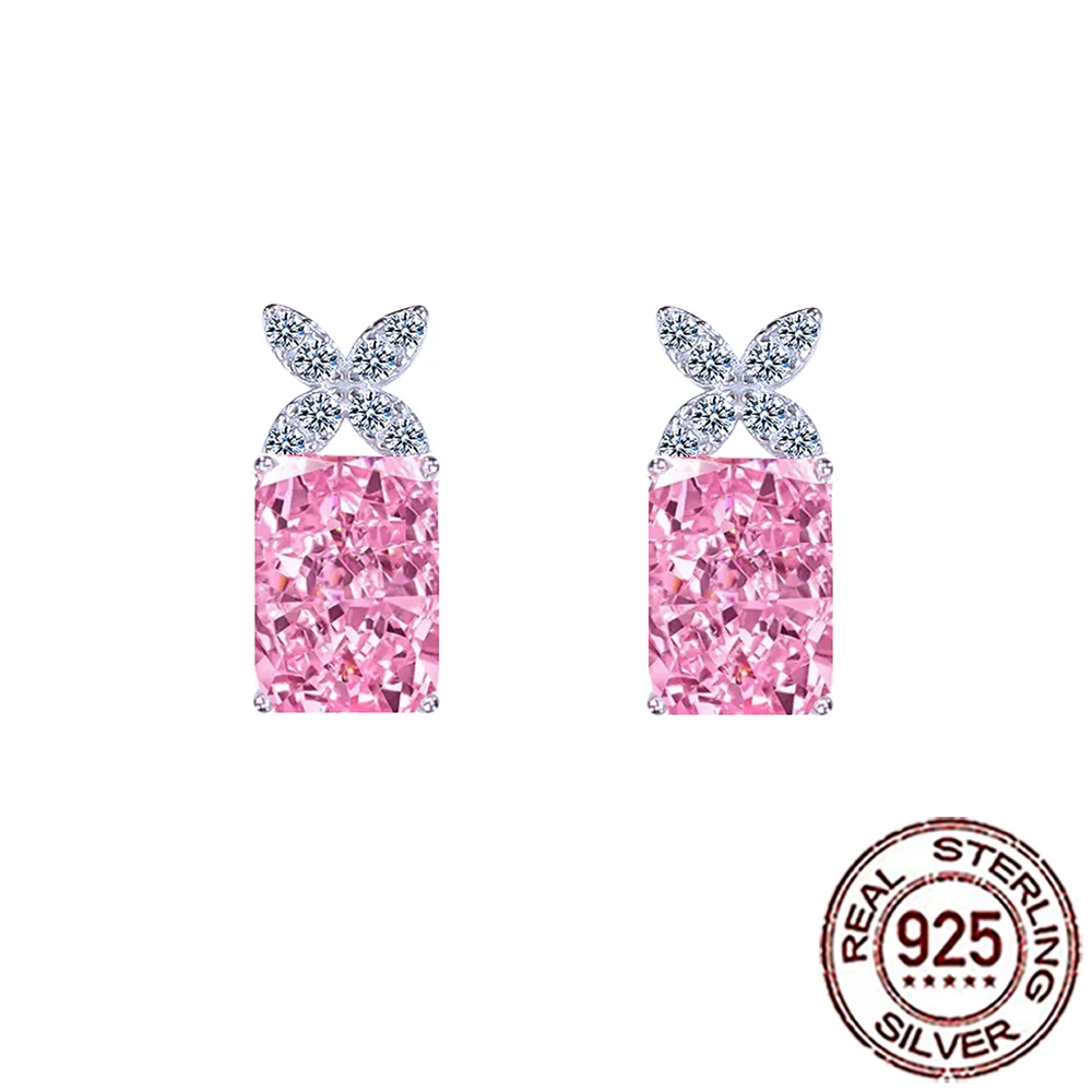 CWWZircons 925 Silver Rectangle Cut Pink Zirconia Stud Earrings Flower CZ Top Design Women Luxury Bridal Party Jewelry SE164