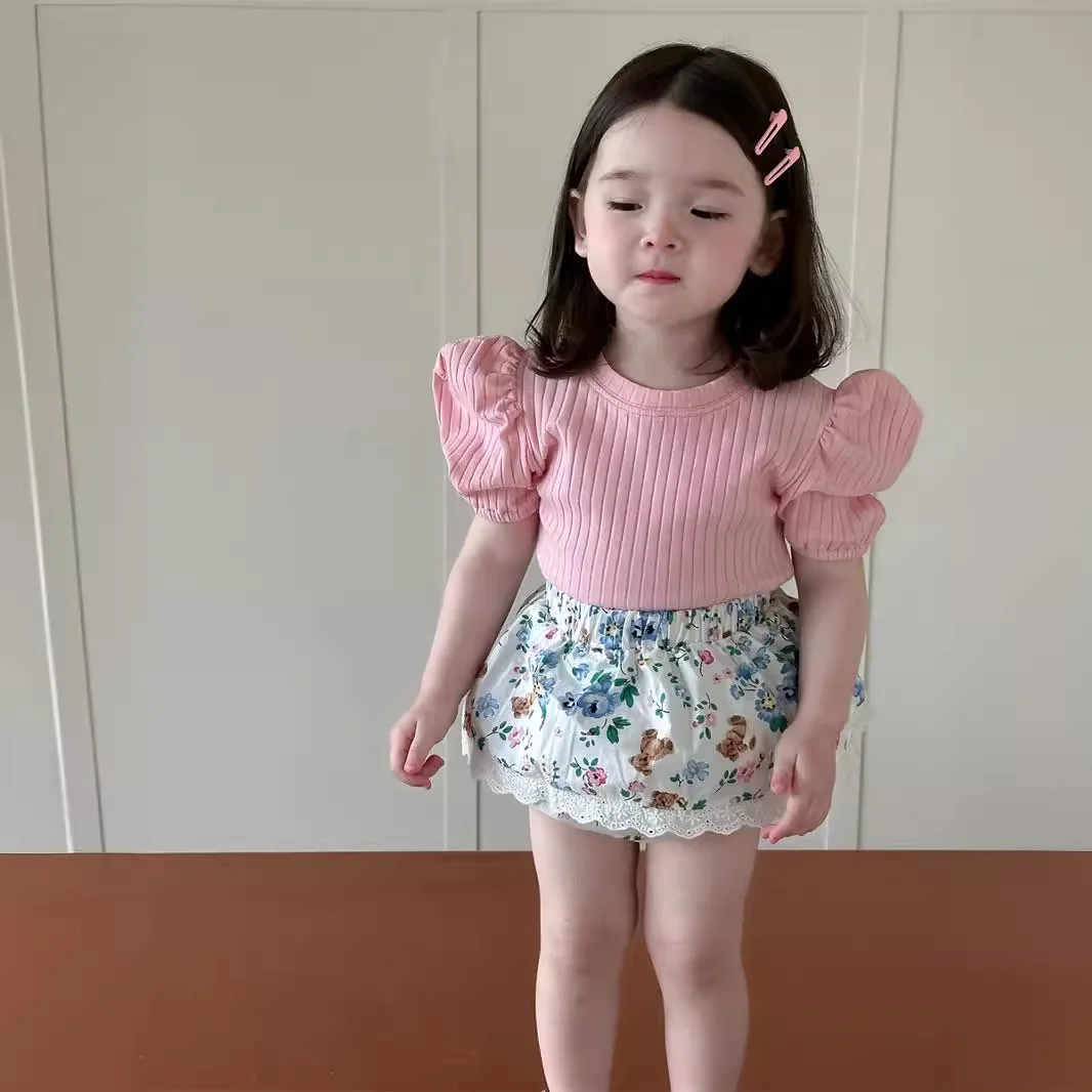 Faldas de encaje para niña pequeña, pantalones cortos de algodón fino con estampado Floral de princesa, ropa de bebé, 2024