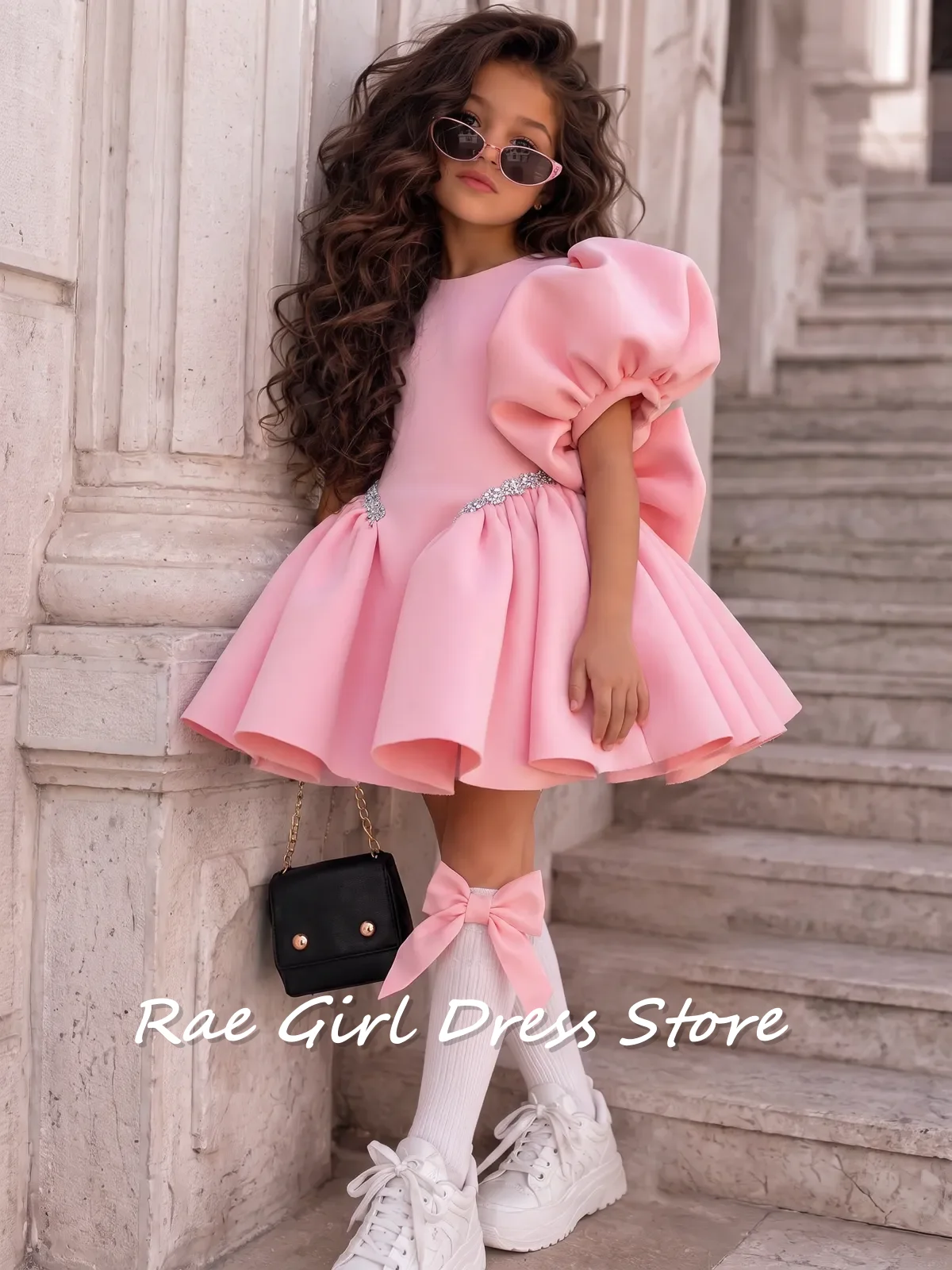 robe-de-soiree-rose-en-satin-pour-fille-manches-courtes-bouffantes-taille-ornee-de-strass-grand-nœud-au-dos-longueur-mini-pour-anniversaire-seance-photo-personnalisable