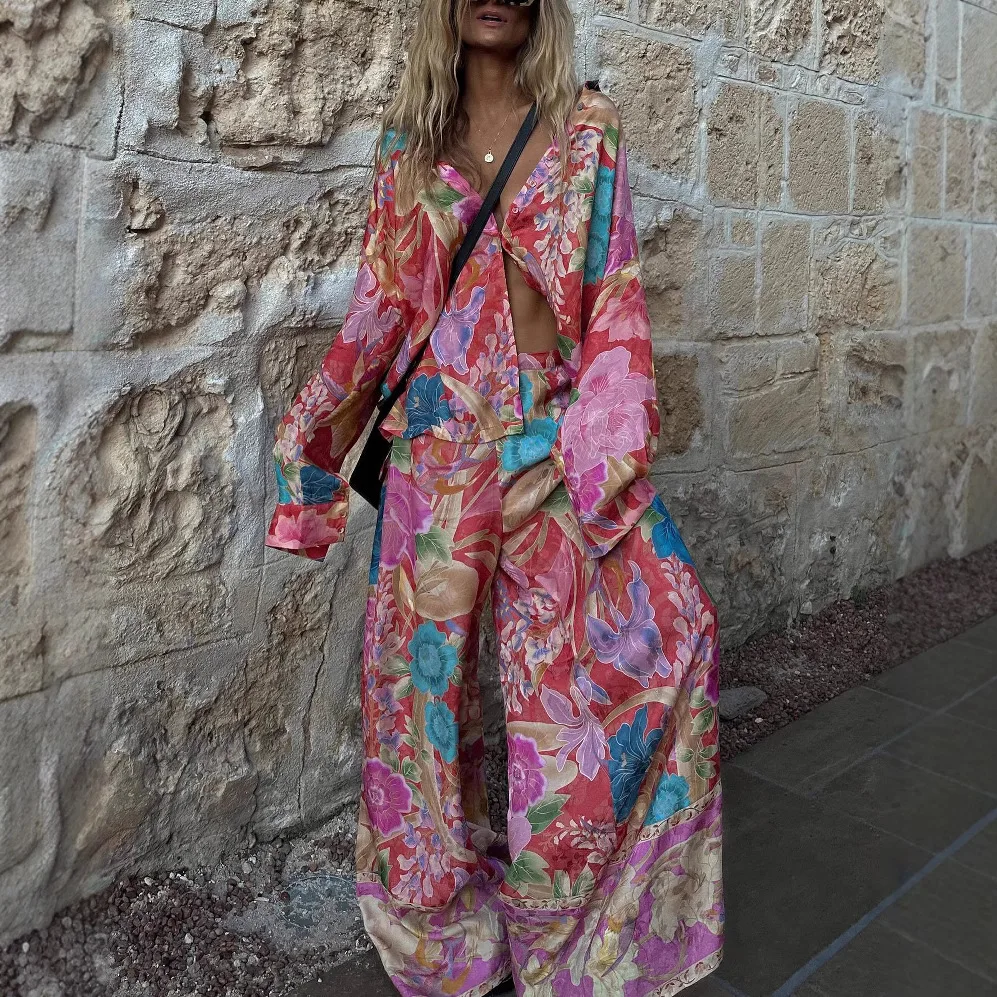 

Women Outfits Single-breasted Shirt Wide Leg Pants Loose Blouse Vacation Lady's Suits Luxury Fashion Floral Print 2 Pieces Set