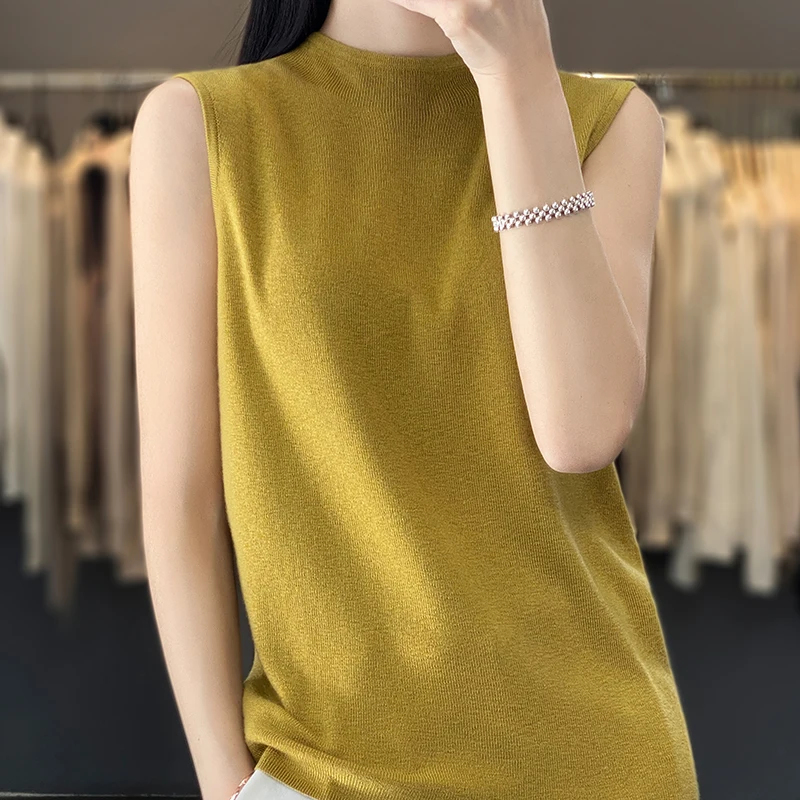 

High-End Half-Height Sleeveless Vest Women's Pure Wool Flat Sweater Meileno Cashmere Knitted T-Shirt Spring And Summer Top