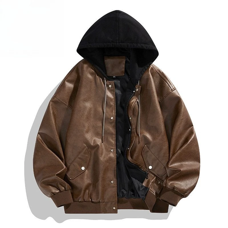 

Classic PU Leather Bomber Jacket Men Vintage Hooded Leather Jacket for Men Spring Autumn Trench Coats Windbreaker Man Clothing