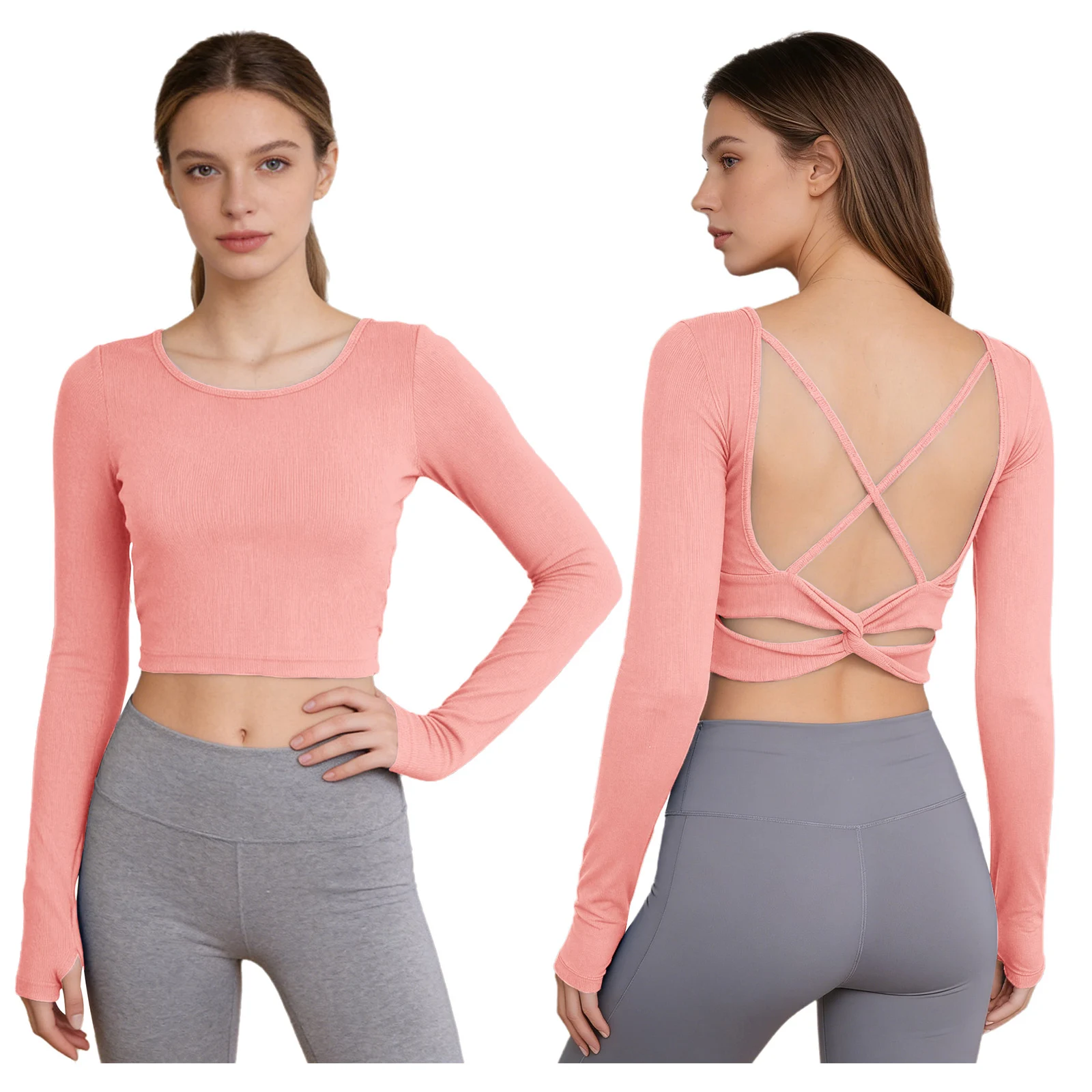 

Женские топы для йоги с перекрестной спиной, круглый вырез, длинный рукав, мягкий укороченный топ в рубчик для балета, танцев, гимнастики, тренировок, спорта