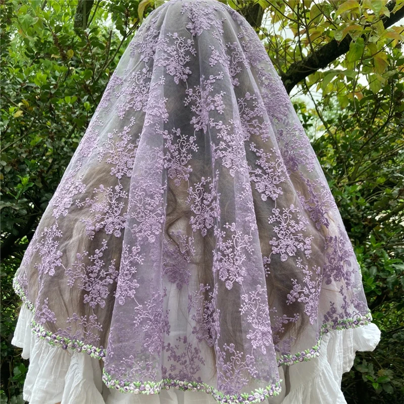 Mantilla de borde de flores en forma de D para mujer, cubierta de cabeza de Iglesia, encaje bordado, púrpura claro, rosa, lila, oración de masa Latina