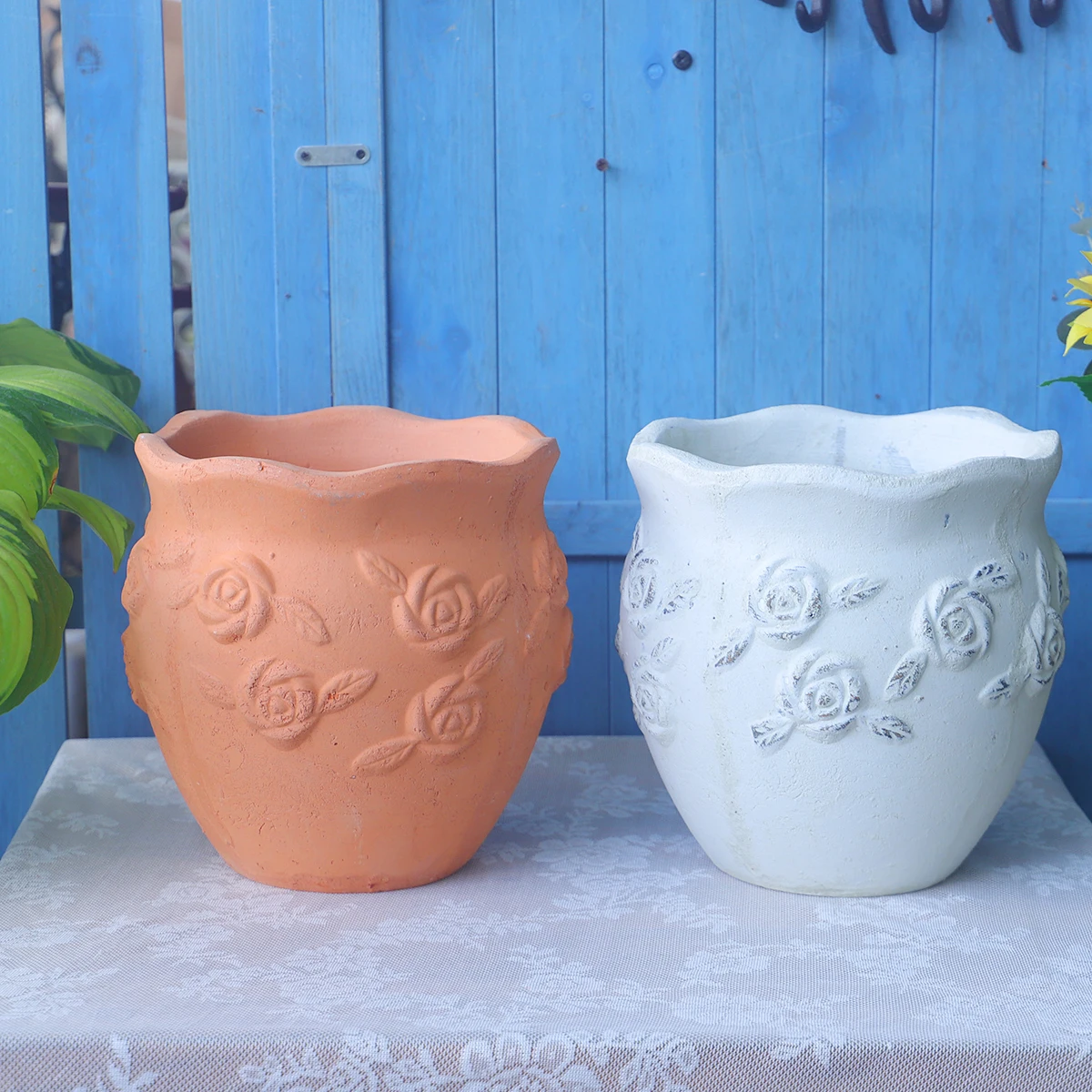 Embossed Rose Handmade Terracotta Flower Pot and Vase