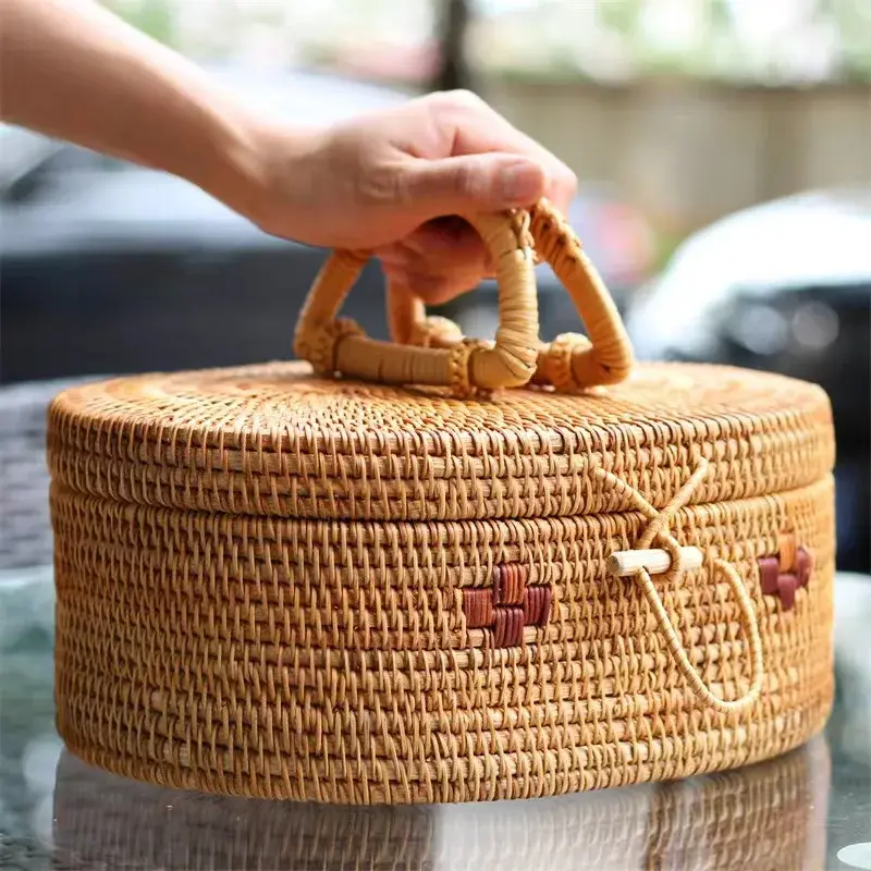Handwoven Rattan Storage Box with Handle Wicker Ornament Box Tea Set Container Picnic Bread Fruit Cake Basket Kitchen Organizer - Image 4