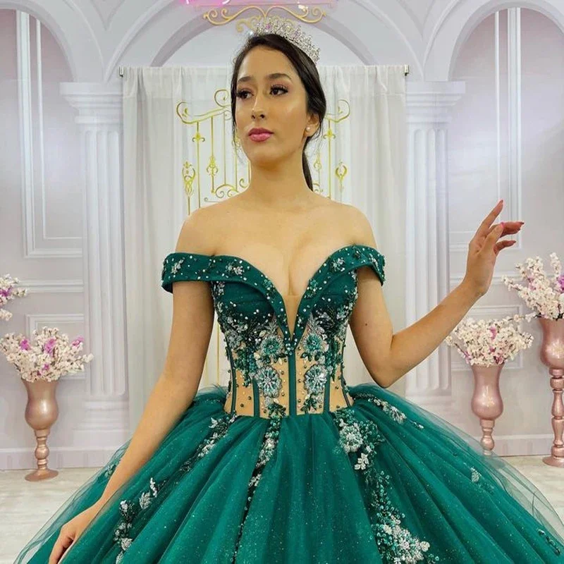 Vestido verde de lujo para quinceañera, encaje con cuentas florales modernas, brillante, para fiesta Formal y baile de graduación, 2024