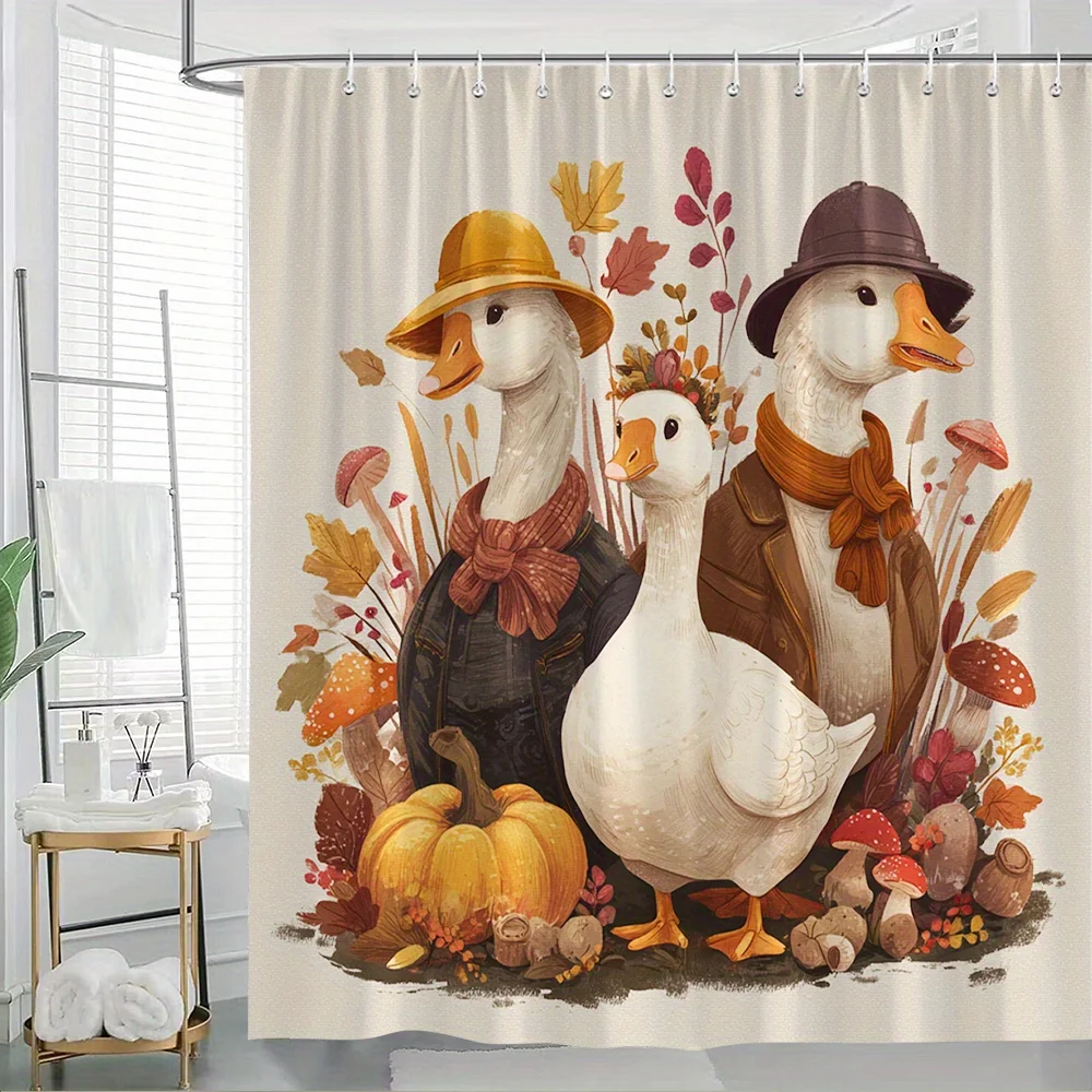 

1 шт., осенняя тематическая занавеска для душа с очаровательным дизайном гусей и осенними листьями для стильного декора ванной комнаты, полиэфирная ткань