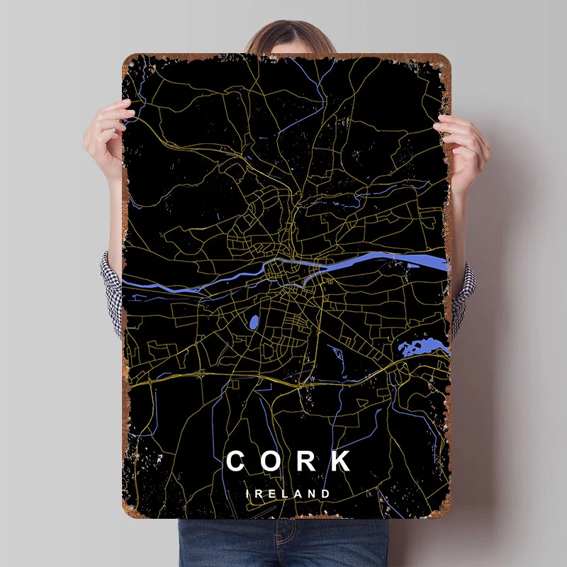 Cork City Map Tin Poster Customized Wall Art Retro Vintage Metal Signs for Fans Room Decoration Home Decorations Desk Decor Cozy