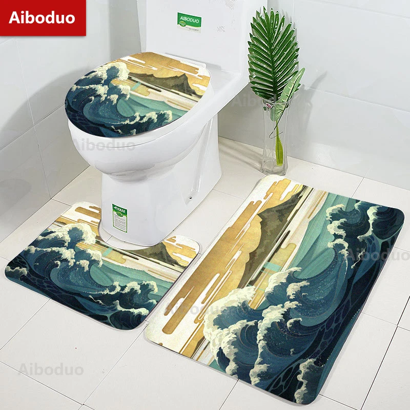 

Aiboduo Giant Waves 3pcs/set Toilet Lid Cover Set Carpet Bath Mat Non Slip Ukiyoe Art Home Decoration Restroom Rug Drop Shipping