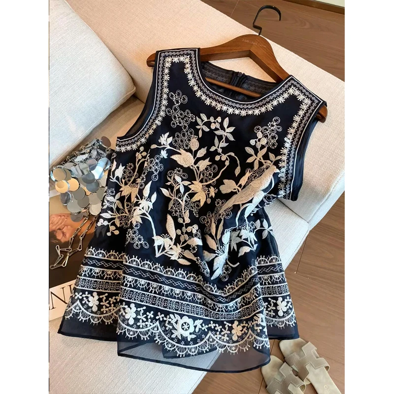 

New Chinese Sle Svel Vest Loose Fit Top Summer Faionable National Trend Retro Personali Women's T-irt