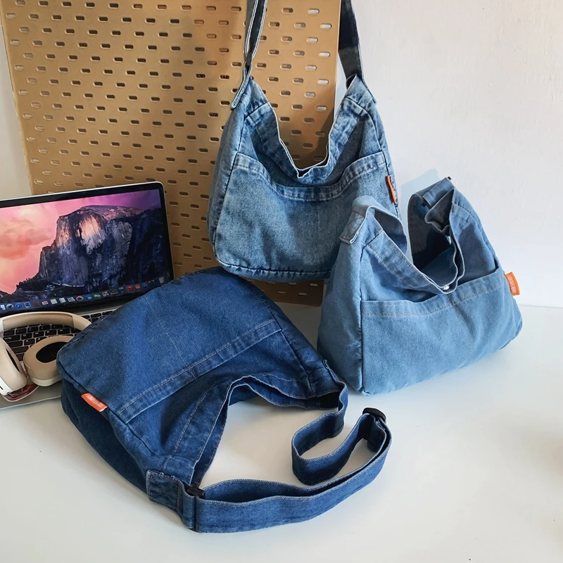 bolsa transversal bolsas femininas saco de mensageiro Qualidade Blue Denim Tecido Crossbody Sacos Multi-bolso Messenger Bag Big Capacidade Ombro Shopper Tote 2023 Últimas Mulheres Bolsa