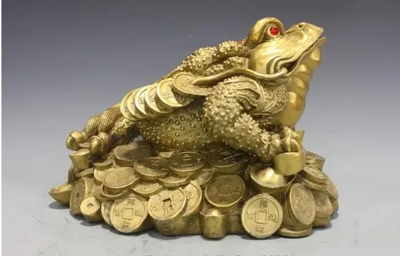 China Pure Brass copper Feng Shui Yuanbao coin toad frog Attract Wealth Statue