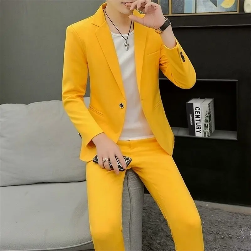 

Men's Slim Fit Casual Suit Two-Piece Set Spring Autumn Faionable Korean Sle Polyester Fiber Stand Edition Single Button