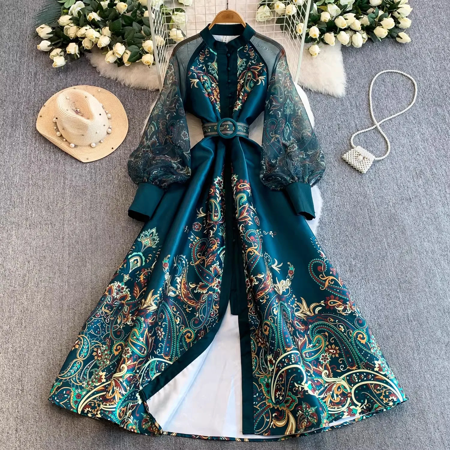 

Vintage Dr Women Palace Retro Printing Long Maxi Dress Floral Chiffon Sleeve Elegant Spring Vestidos Wholesale Clothing