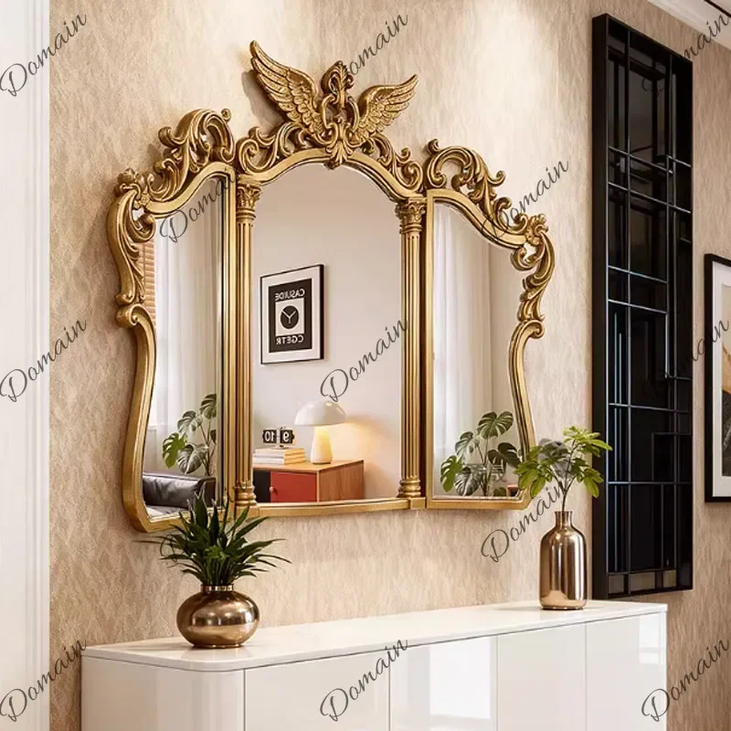 XX European Retro Tri-fold Makeup Mirror Court Carving Old Gold High-end Wall-mounted Three-sided Bathroom Mirror