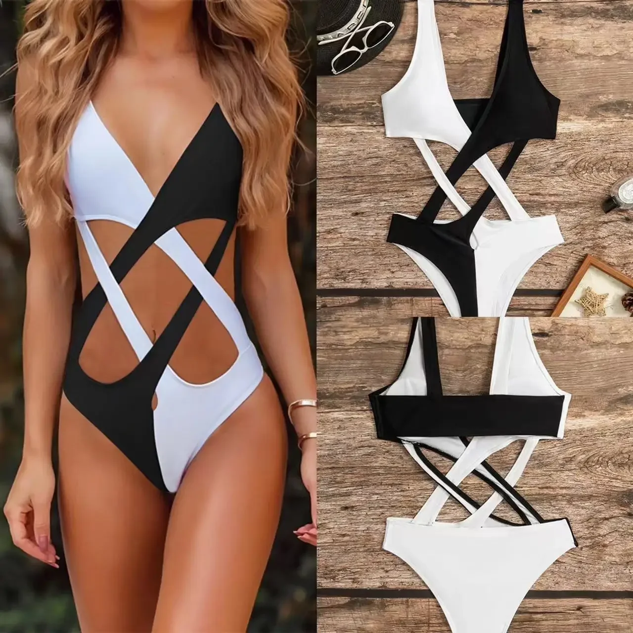 

Ladies' Bikini Swimsuit Sexy 2025 Color Blocked Sexy Hollow One-piece Swimsuit Swimwear Women Swimming Suit for Women