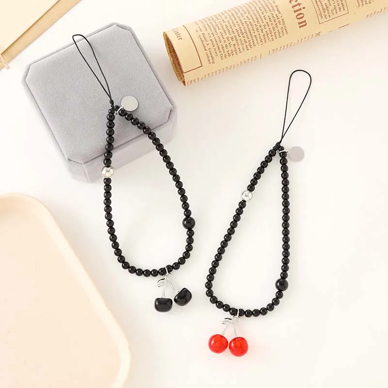 

New Red Cherry Pendant Wrist Strap Phone Case Rope Fashion Red Agate Purple Jade Crystal Beaded Phone Chain Jewelry Lanyard