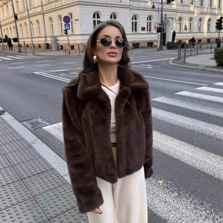 Vintage Brown Winter Women's Faux Fur Coat Comfortable Artificial Suit Collar Eco Fur Jacket For Lady Short Female Mink Fur Coat