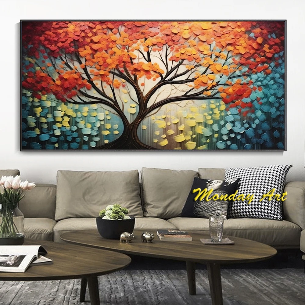 Hand Painted Oil Painting Tree of Life Boho Texture Original Color Tower Tree Abstract Forest Landscape Canvas Art Wall Art