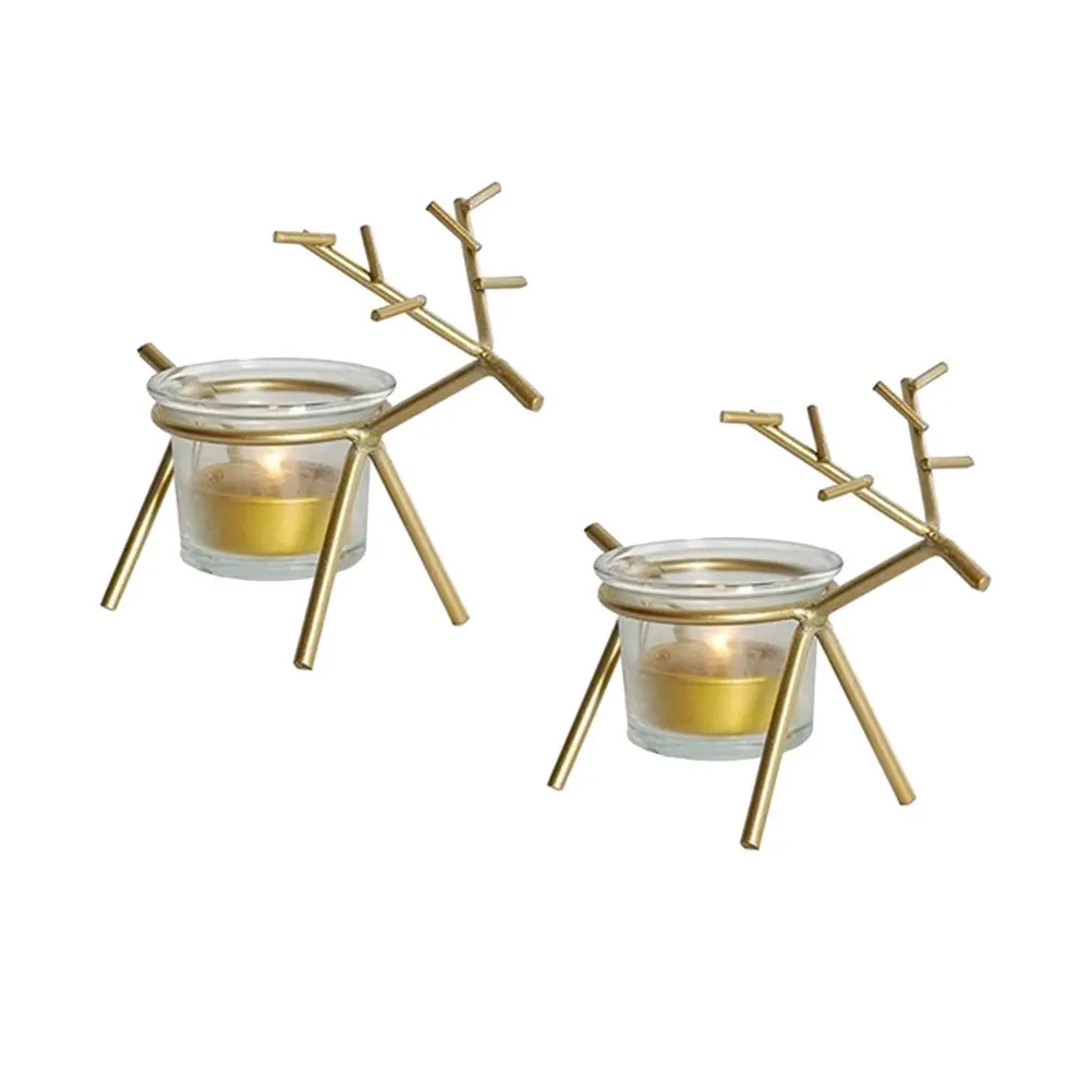 

2Pcs Golden Reindeer Tea Light Holder Iron Art Candlestick for Christmas Table Stand Festive Holiday Decoration