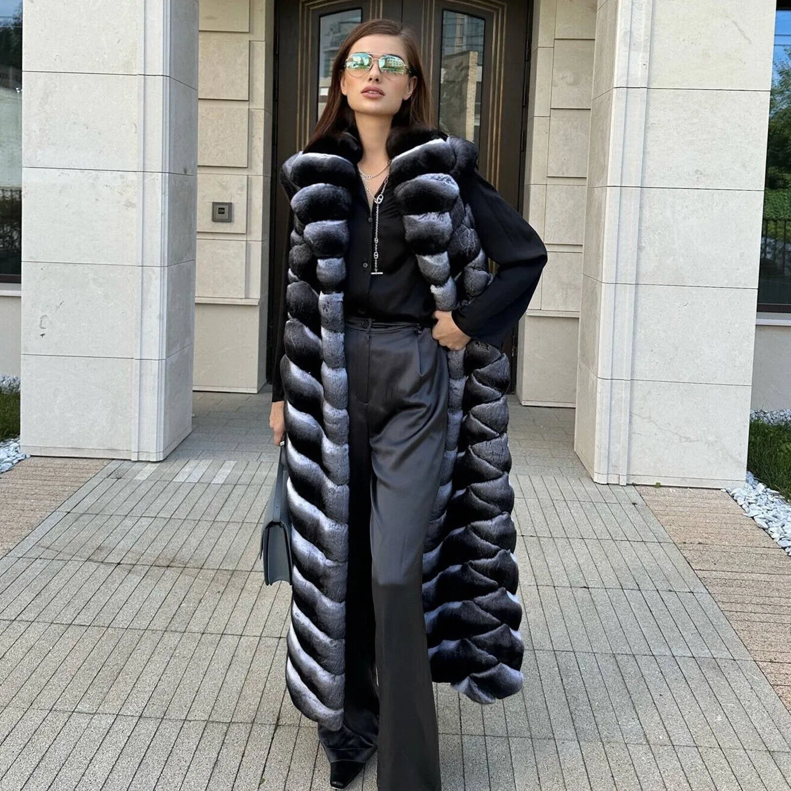 

New Luxury Real Rex Rabbit Fur Coat Long montage Fashion fluffy lapel Women's Gilet Winter Chinchilla Vest Plus Size Waistcoat