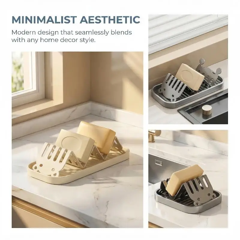 

Stainless Steel Soap Dish with Ceramic Self Draining Tray for Bathroom Storage and Kitchen Sink Organization