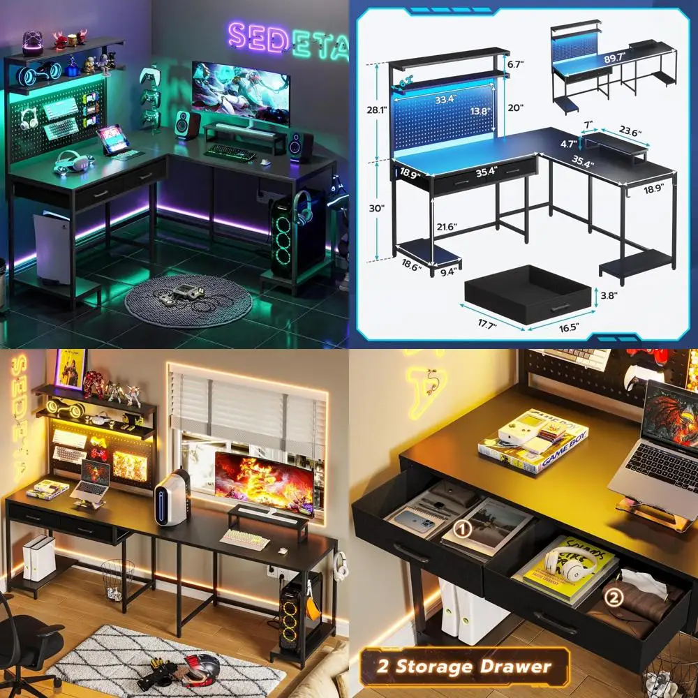 

L-Shaped Gaming Desk with LED Lights, Pegboard, Drawers, and Monitor Stand