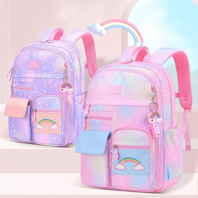 Mochila escolar de la serie arcoíris para niñas, morral escolar de princesa de colores, impermeable, 2023