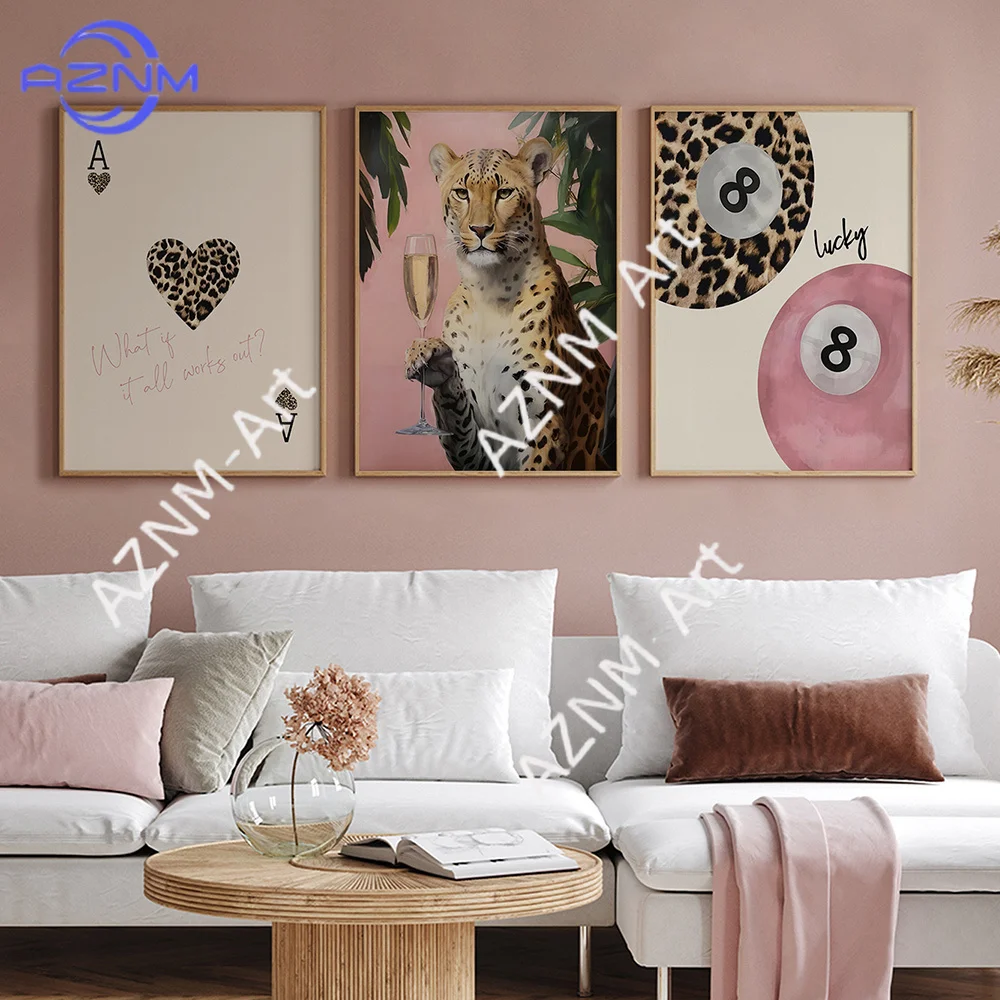Impresión decorativa de leopardo y guepardo para pared, póster artístico de billar rosa 8, pintura en lienzo de cartas de juego, decoración para sala de estar y dormitorio, sin marco