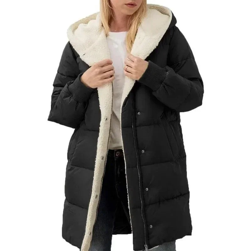 Jaquetas de manga comprida acolchoadas de algodão dupla face veludo velo parkas casacos de inverno femininos com capuz fino ajuste cardigan jaqueta