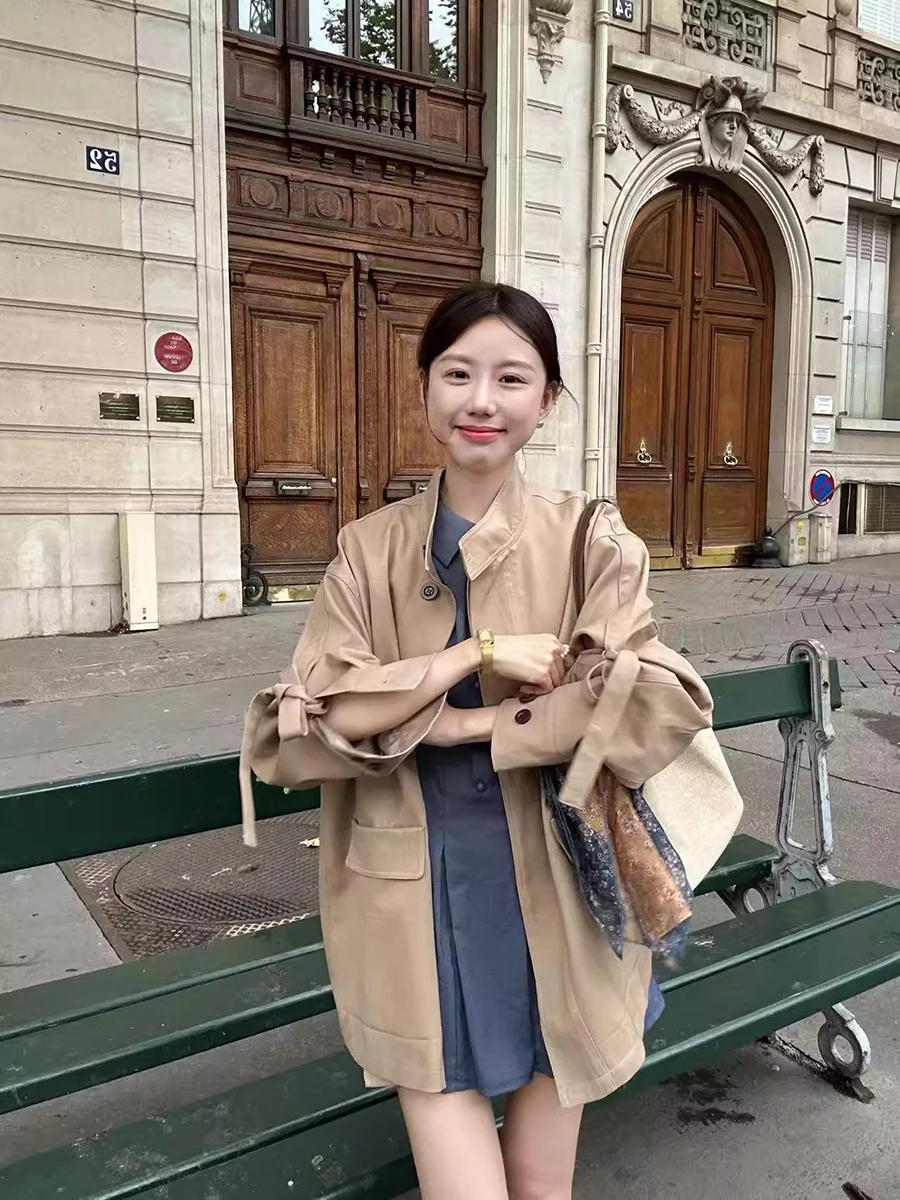 

Lautaro Spring Autumn Khaki Coat Women Stand Collar Loose Casual Sweet Cute Luxury Designer Korean Fashion Clothes 2025