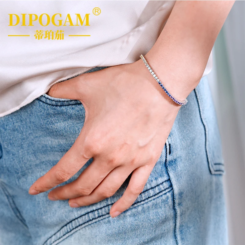 

DIPOGAM 925 Sliver Gradient Rainbow Tennis Bracelet Multi Color Gemstone Luxury Stackable Women Party Fine Fashion Jewelry