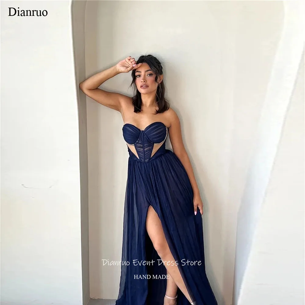 فستان سهرة Dianruo باللون الأزرق الداكن بفتحة عالية على شكل قلب شيفون مطوي فيستدوس بارا موخير رداء طويل مثير Soirée فام مخصص