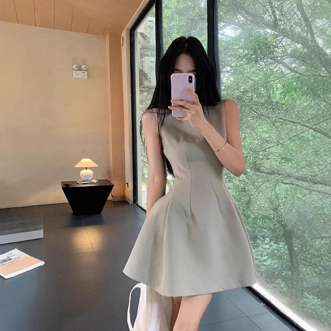 

Короткая юбка женская, летняя, новый стиль, утягивающий дизайн, сплошной цвет, жилет без рукавов, темпераментное милое платье