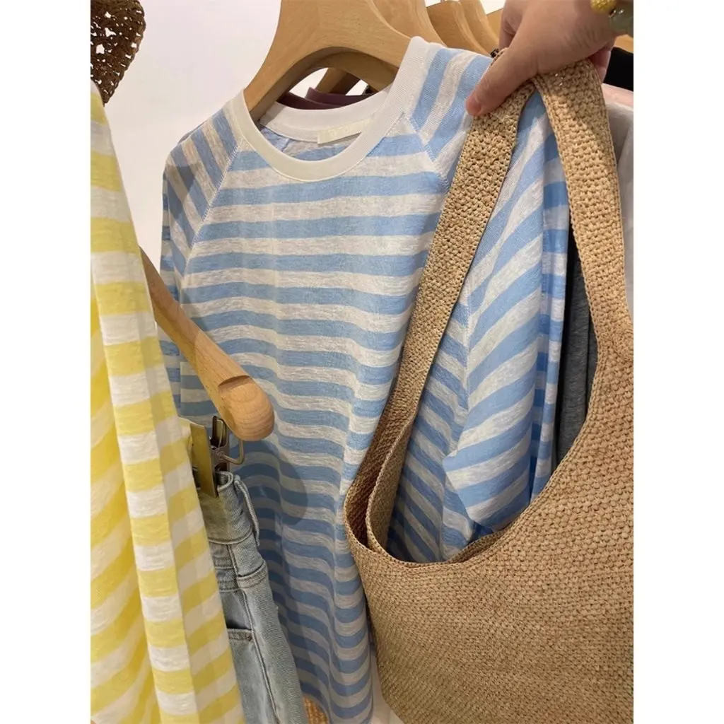 

Korean Style Women's Long Sleeve T-shirt Contrast Color Striped Summer Sunscreen Casual Lazy Base Top Age-Reducing Blouse
