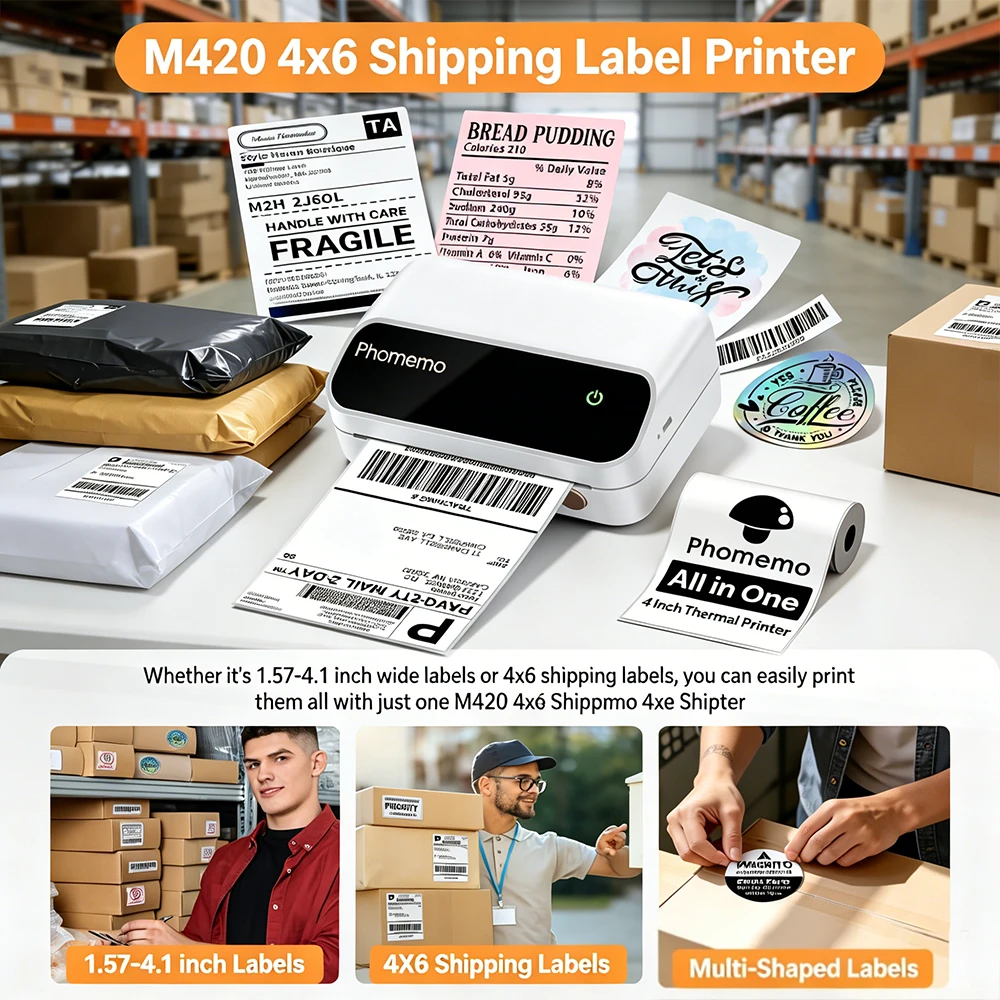 Phomemo M420 Wireless Bluetooth Thermal Printer, Ink-Free Portable 4x6 Shipping Label Maker Machine,Clear Waybill Printing