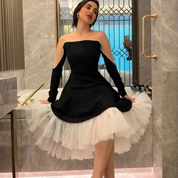Fashion O-Neck Black A-Line Satin Formal Occasion Prom Dresses Tulle Tea-length Women Evening Party Dress فساتين السهرة