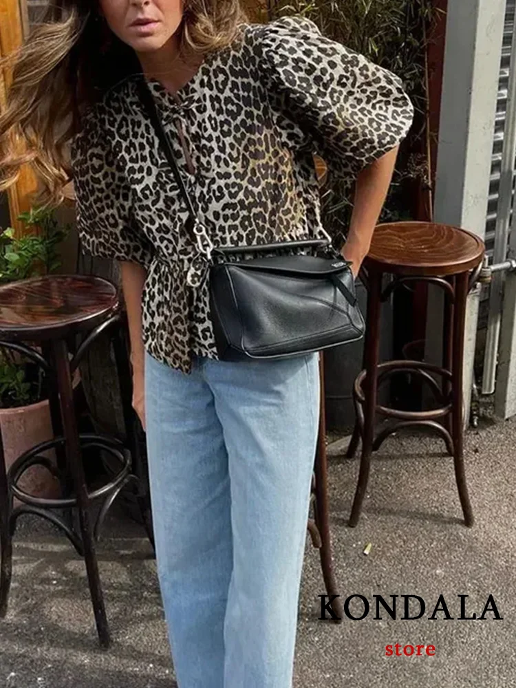 KONDALA Vintage Leopard Print Loose Shirts Women O Neck Bow Buttons Short Sleeve Blouses Fashion 2024 Summer Streetwear Tops