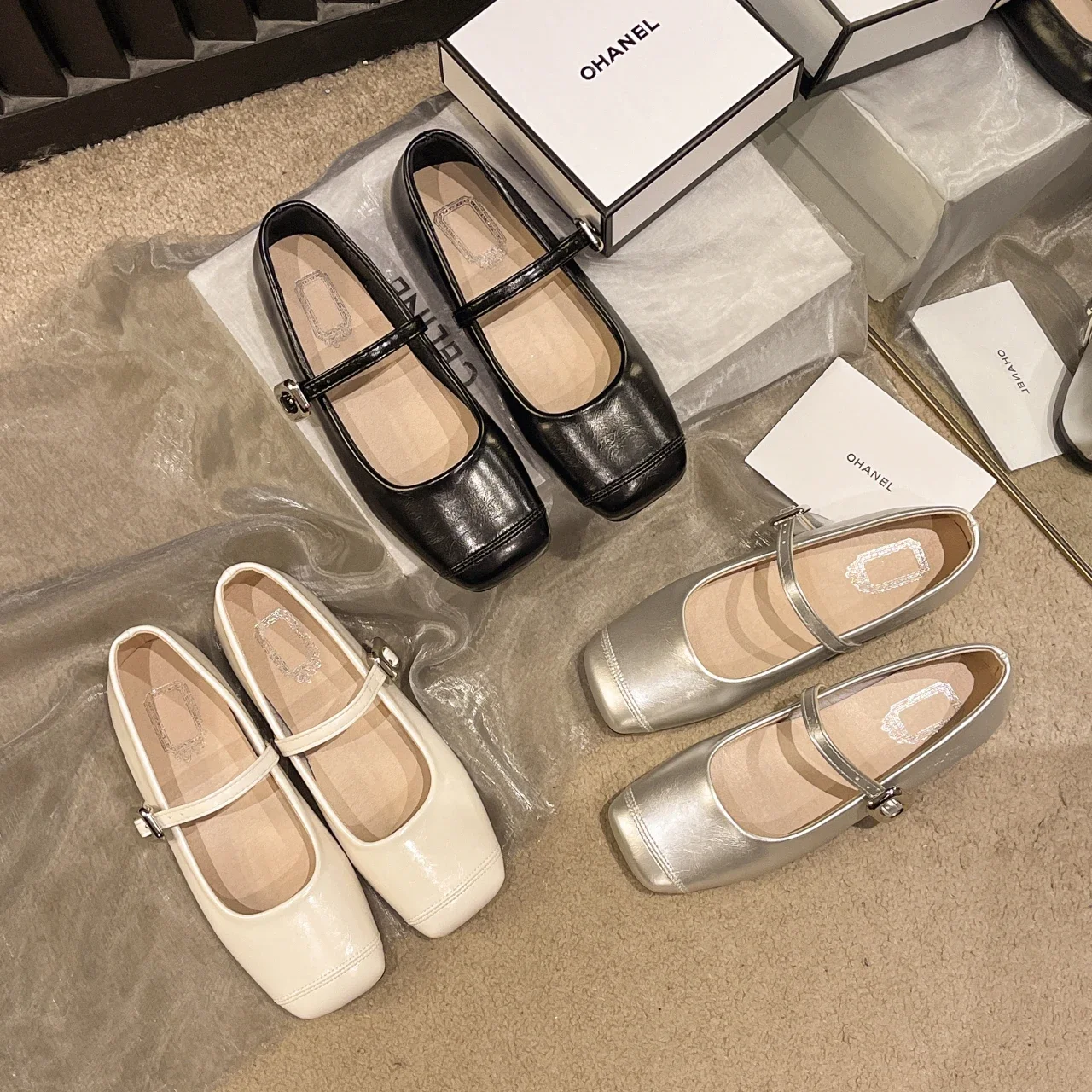 2024 Summer New Brand Women Flats Fashion Square Toe Shallow Mary Jane Shoes Soft Casual Ballet Shoes Slingback Shoes Black