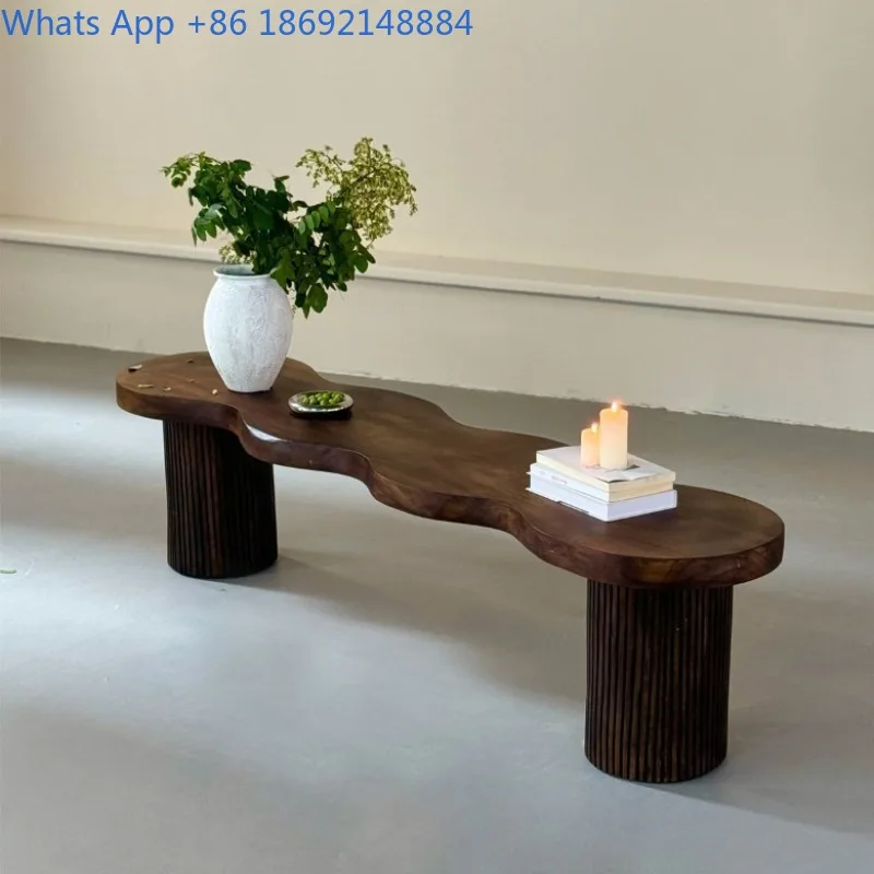 Solid Wood Long Bench Personality Fashion Wave-shaped Bedside Shoe Changing Bench Old Elm Wood Restaurant Double Long Chair