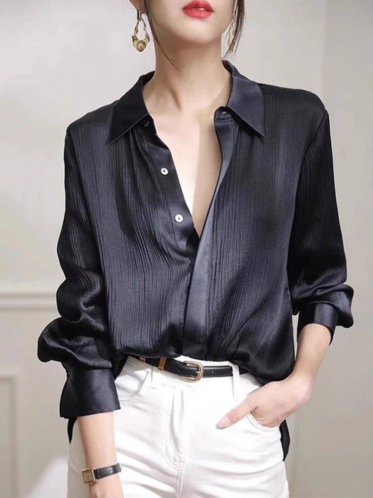 

Женская рубашка свободного кроя с длинным рукавом из ацетатного атласа в корейском стиле для офиса и повседневной носки, тщательно отобранная модель для весны и осени