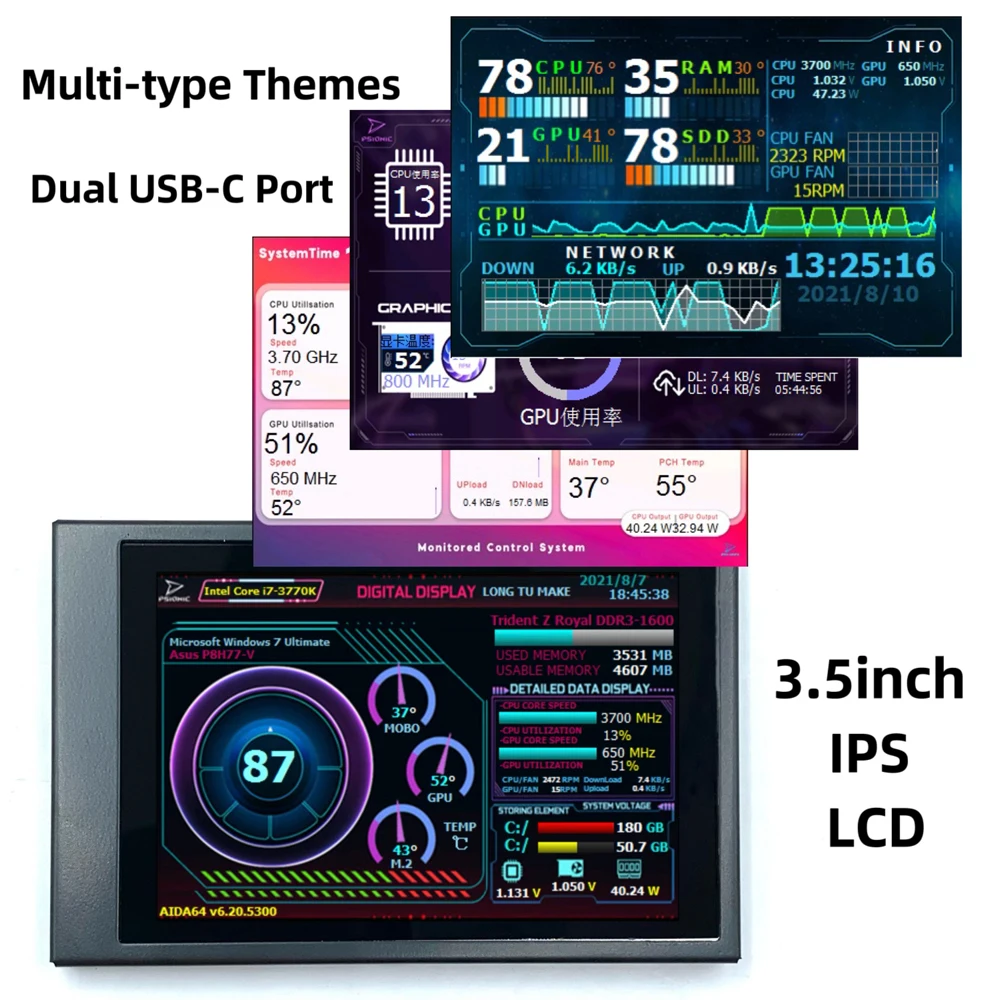 3.5 Inch IPS Display Screen Secondary Screen Monitor Horizontal Vertical Screen Switching 360° Rotation Dual Type-C Ports