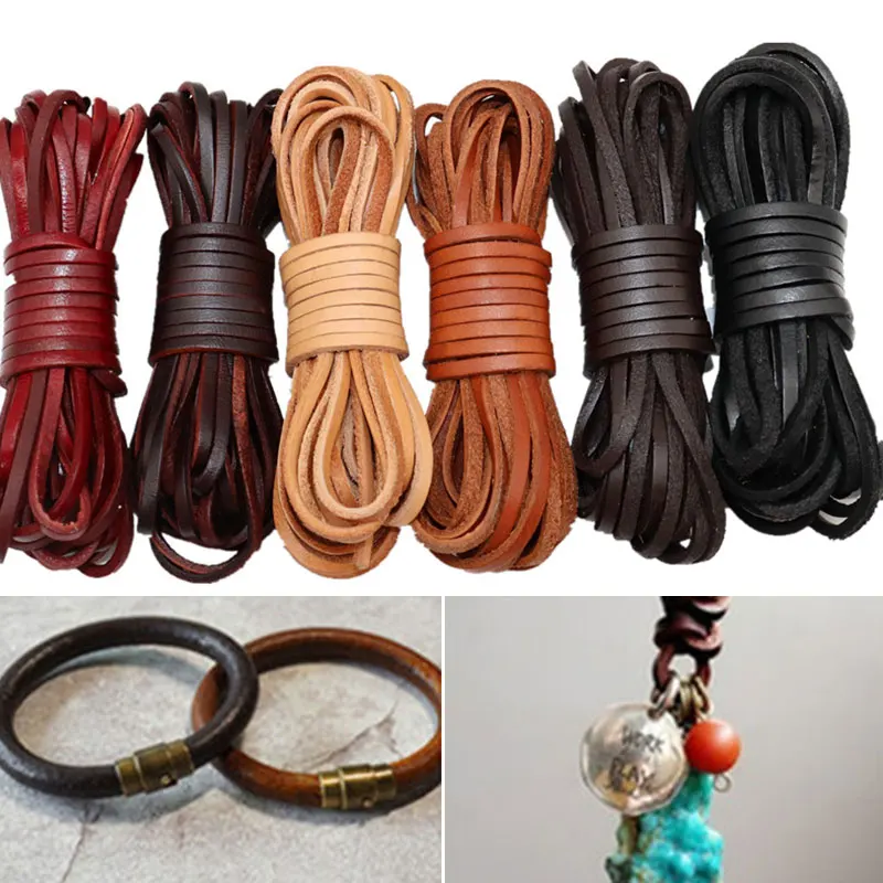 5M Retro Round/Flat Leather Cord 3 Colors 3mm Natural Genuine Cow Leather Cords for DIY Handmade Braided Necklace Bracelet