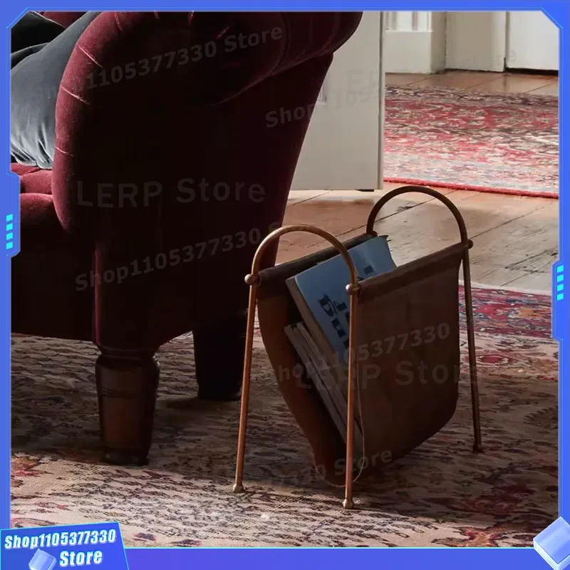 Retro Leather Metal Magazine Rack Light Luxury Home Decor Hotel Living Room Entrance Storage Ornament Nostalgic Jewelry
