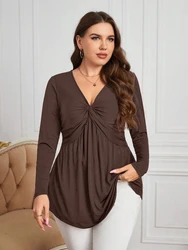 Nowa elegancka koszulka oversize seksowna dekolt w szpic duży rozmiar ubrania na zewnątrz krągłe Plus Size Top damska bluzka nowa kolekcja długi rękaw