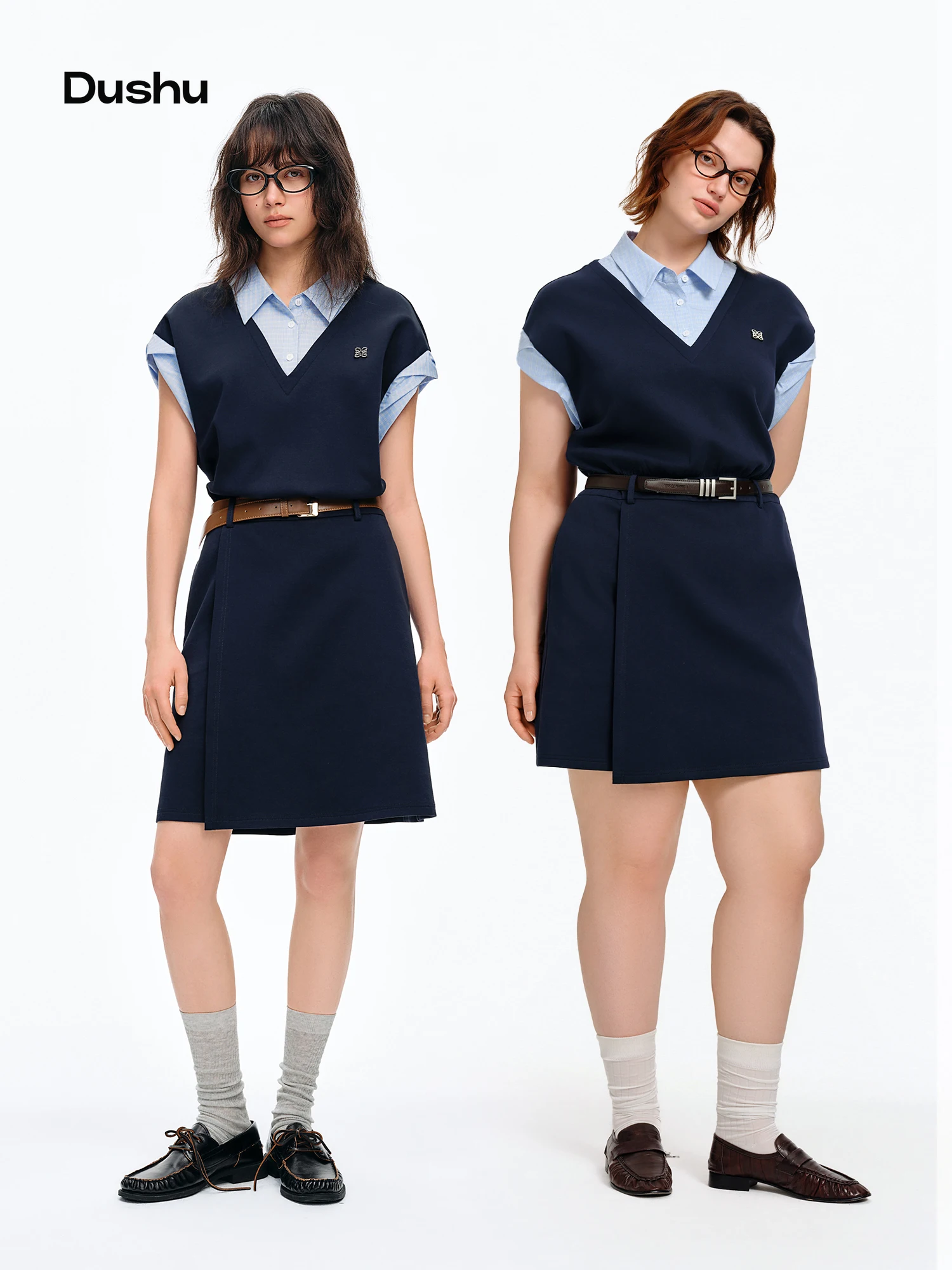 

DUSHU Women's Intelligent Color Pseudo-Blazer Blue Checkered Patchwork Dress: Summer 2026 New Arrival Preppy College Style Dress